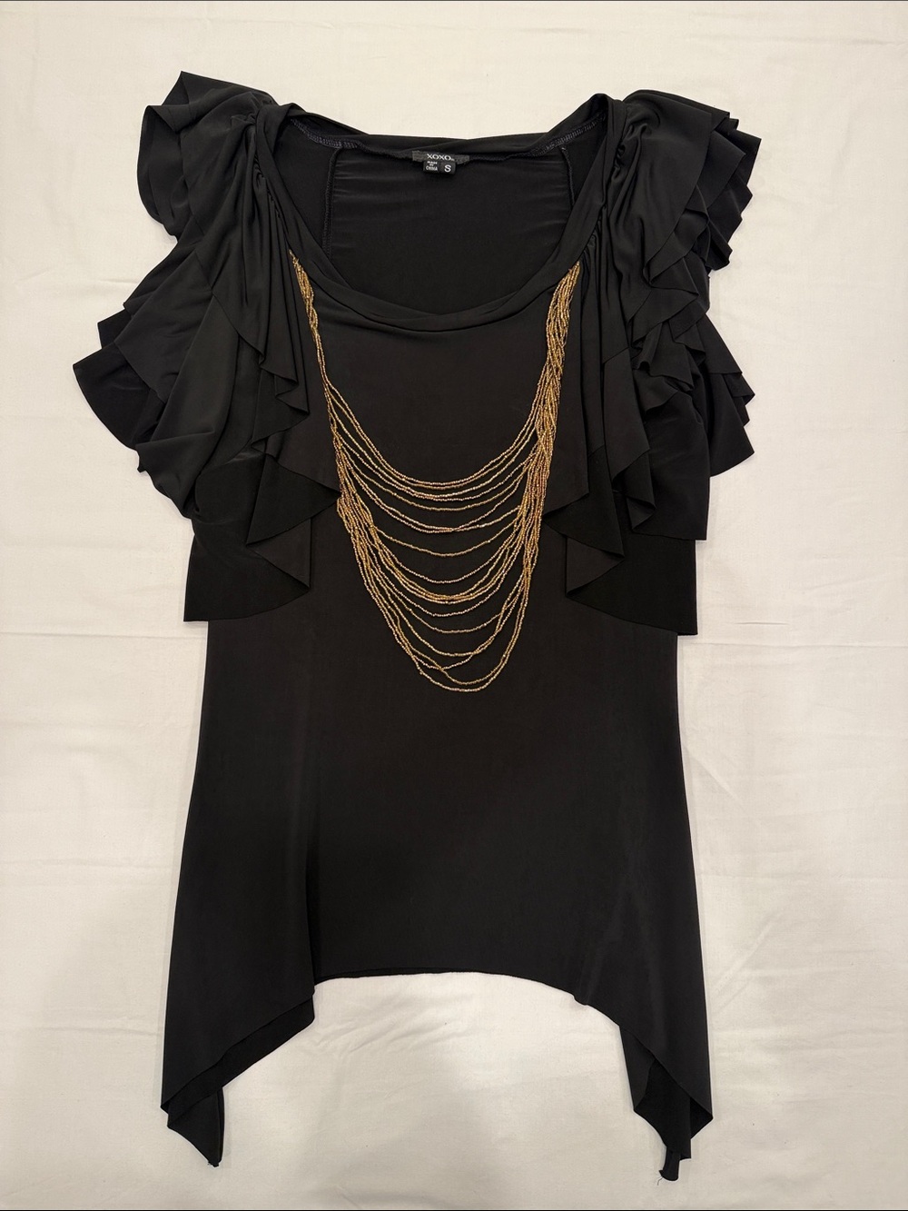 XOXO Black Ruffle-Sleeve Top with Gold Chain Detail